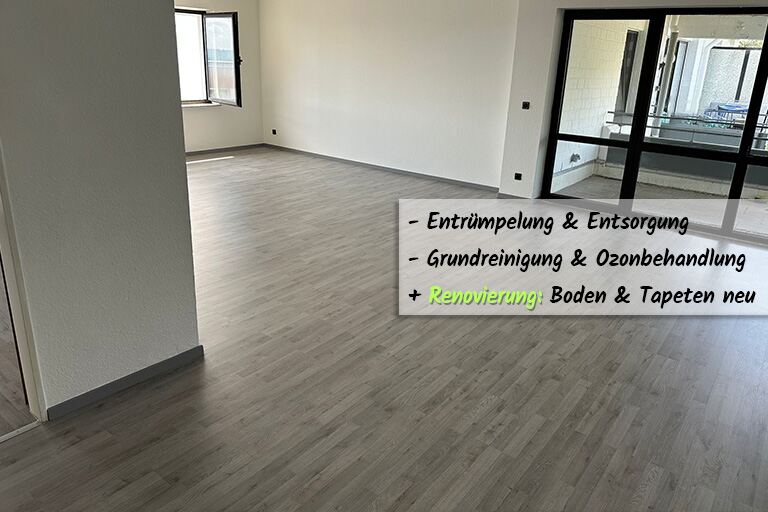 Notrettung: Messie Wohnung - Es wurden alle Flaschen entsorgt, jeglicher Müll beseitigt, mit die Wohnung mit Ozon behandelt und anschließend sowohl Boden als auch Tapeten renoviert und somit erneuert. Die Wohnung ist nun wieder in einem vermietbaren Zustand.